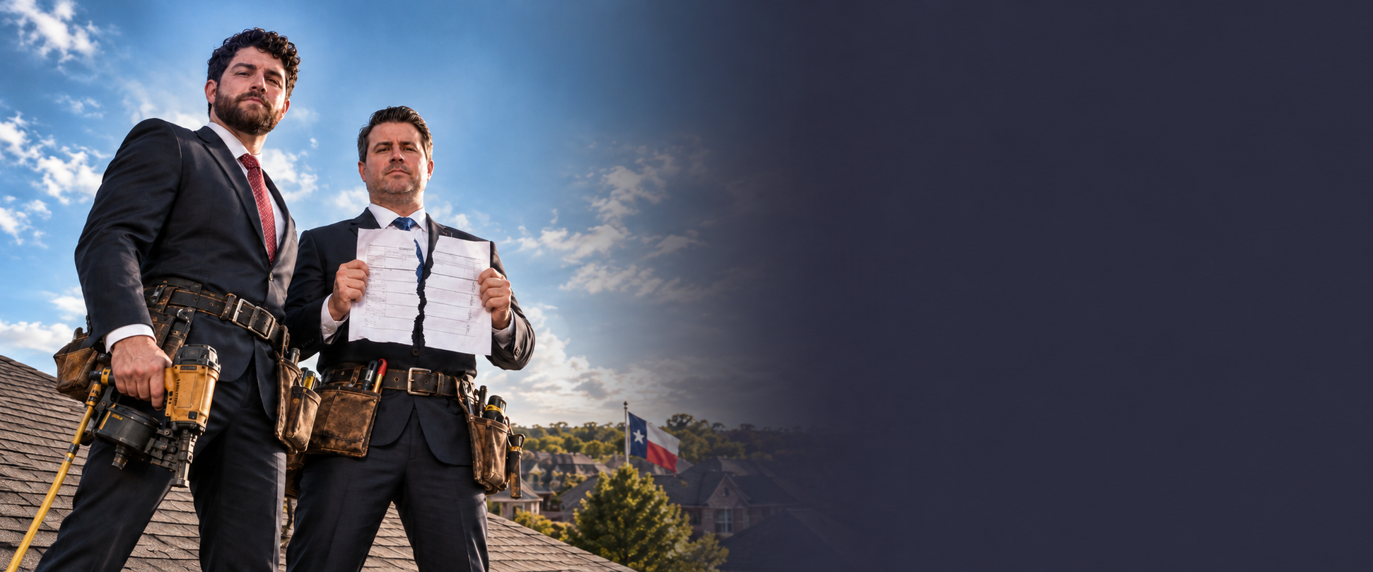 The principals of the Roofing Offices of Wortham & Wortham, on a DFW roof with a competing roofing bid torn in half